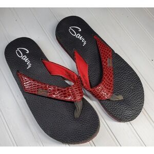 Savvy Rorie Womens Size 7 Red Black Thin Strap Sandal Flip Flop Thong Croc Print